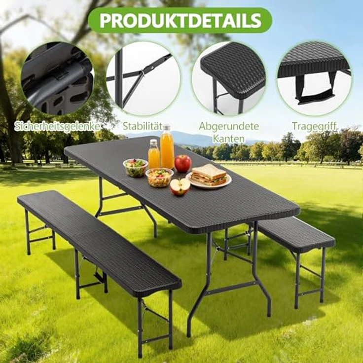 Ball & Cast Bierzeltgarnitur 3-teilig, Biertisch Klapptisch mit 2 Sitzbänken, Bierzeltgarnitur Klappbar Kunststoff, 180 cm, Schwarz – Bild 5