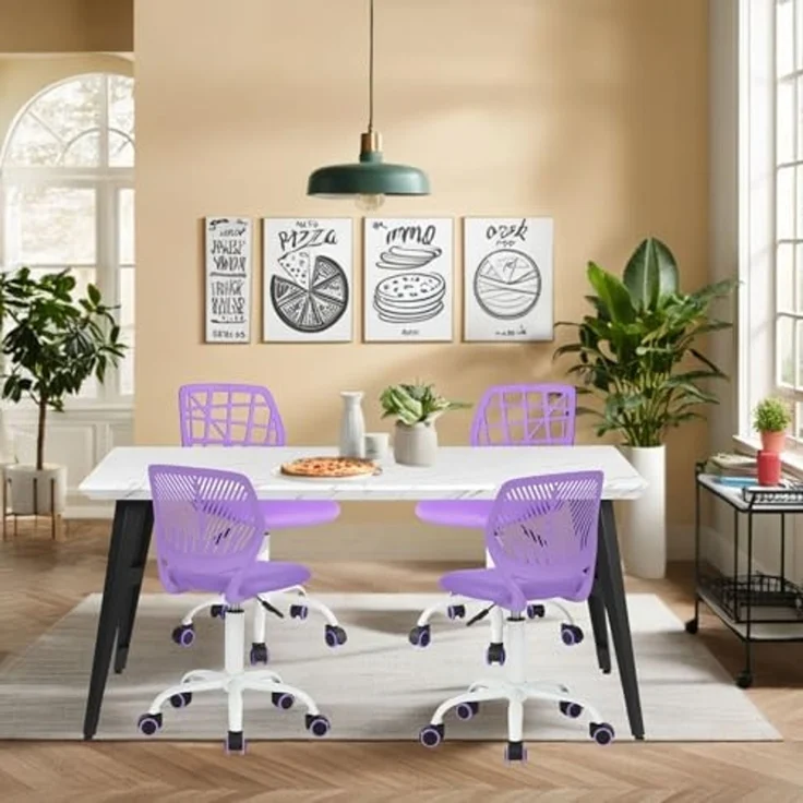 FurnitureR Esszimmer-Drehstühle, 1PC Küchenstuhl, gepolsterter Stuhl, Drehstuhl, bequemer Stuhl mit Rädern, Rückenlehne, armloser Stuhl für Esszimmer, Wohnzimmer, Lila – Bild 2