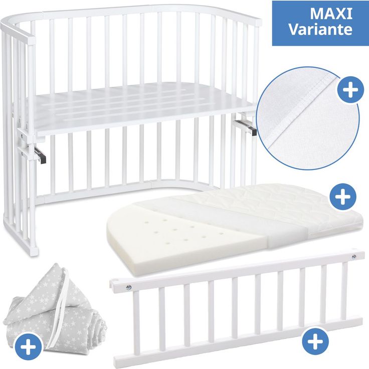 Babybay Beistellbett-Set Maxi 5-tlg. Weiß inkl. Matratze Classic Fresh, Nestchen Sterne Weiß Perlgrau, Spannbetttuch Deluxe Weiß & Verschlussgitter