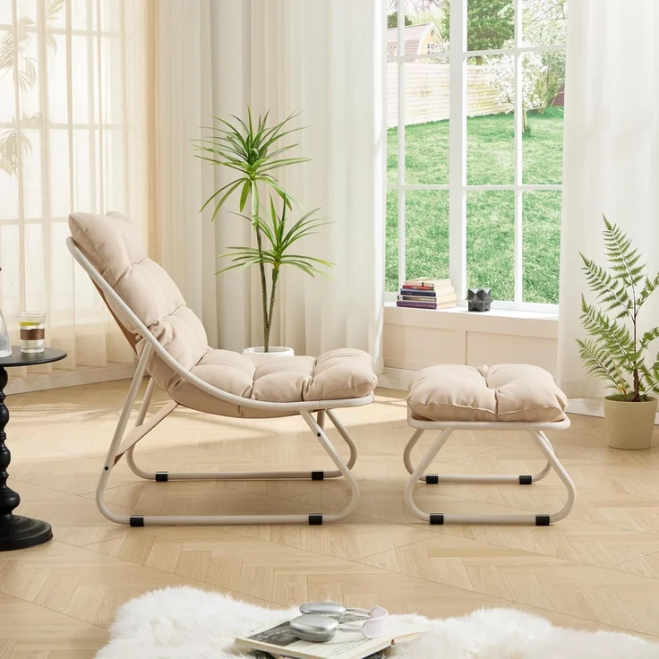LVHOM Sessel mit Hocker, Gepolsterter Loungesessel aus Cord mit Metallgestell, ergonomischer Relaxsessel für Wohnzimmer und Schlafzimmer, Beige – Bild 3