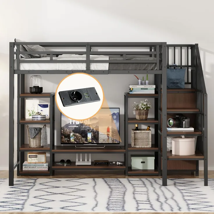EINHOM Hochbett 90 x 200 cm mit TV-Ständer, Steckdose und Sicherheitsleiter, Stabile Metall-Holz-Kombination, Modernes, Platzsparendes Hochbett, Kinder-Etagenbettmit Praktischem Stauraum, Schwarz (Ohne Matratze)
