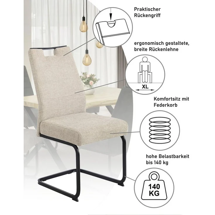 Hela Tische, 4er Set Esszimmerstuhl Freischwinger Kerstin, Bezug Webstoff Beige, Vierkantgestell + Griff Schwarz, Komfortsitz Federkorb, 140kg belastbar – Bild 2