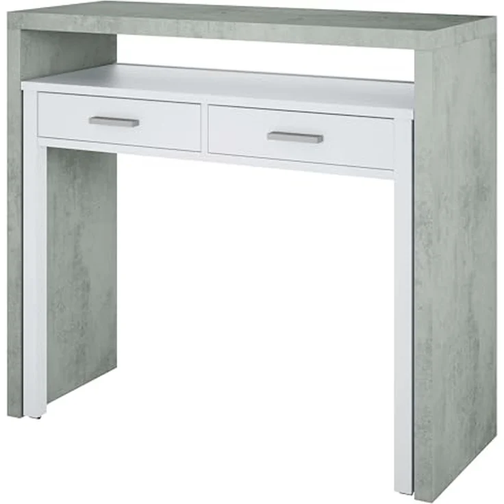 Ausziehbarer Konsolenschreibtisch mit zwei Schubladen, Betonfarbe und Deckweiß, Maße 98 x 87 x 36 cm (ausziehbar bis 66 cm) – Bild 4