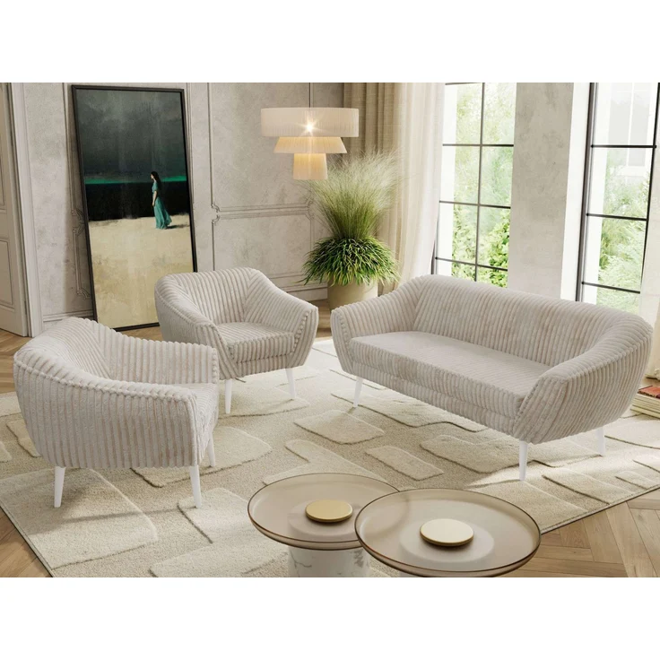 Wohnzimmerset PIRS 1-1-3, Skandinavisches 3-Sitzer Sofa mit Sesseln, Sofa mit Wellenfederung, weiße Füße, Skandinavisches Möbelset - Beige Cord – Bild 3