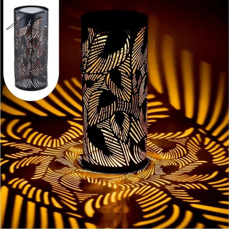 Marrakesch Orient & Mediterran Interior LED Solarleuchte Moderne Solarlaterne Hoja handgefertigt aus Metall in Schwarz 30 cm, LED fest integriert, Handarbeit