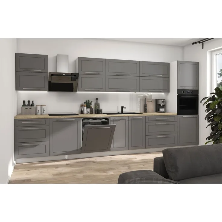 Küchenzeile KVANTUM 400cm weiß Fronten MDF dust grey matt REJS Vollauszug