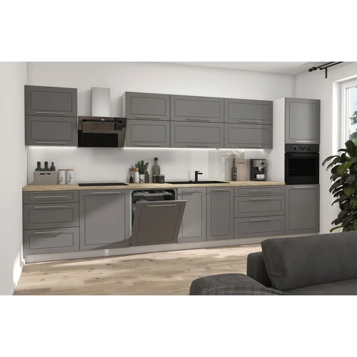 Küchenzeile KVANTUM 400cm weiß Fronten MDF dust grey matt REJS Vollauszug