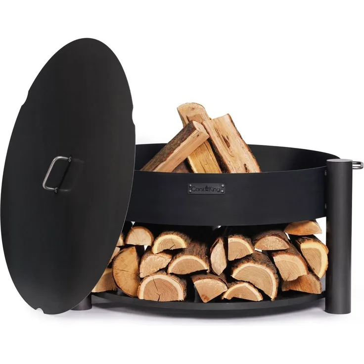 Cook King Stahl SET: Hohe Feuerschale „MONTANA“ 80 cm mit Deckel 82 cm Schwarz