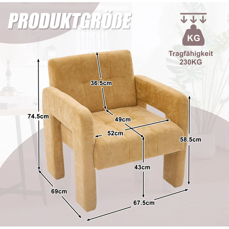 LVHOM Sessel Skandinavischer Stil, Polstersessel Cordstoff, Relaxsessel Einzelsessel Loungesessel, für Wohnzimmer, Büro, Schlafzimmer, Gelb – Bild 7