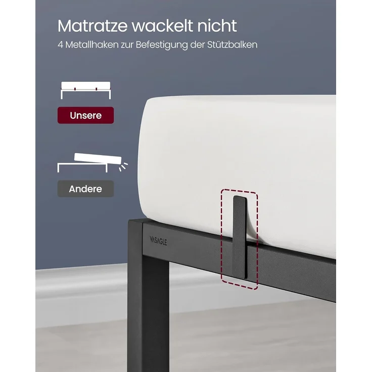 Vasagle Doppelbettgestell, Bettrahmen, Bettgestell aus Metall, mit Aufbewahrungsregalen, Gästebett, passend für 140x200 cm Matratze, einfache Montage, klassikschwarz RMBDE094B01 – Bild 5