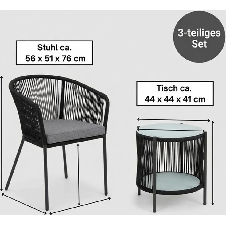 Balkonset Gartenset Bistro Set Gartenmöbel Set Outdoor Rope Sitzgruppe Schwarz – Bild 2