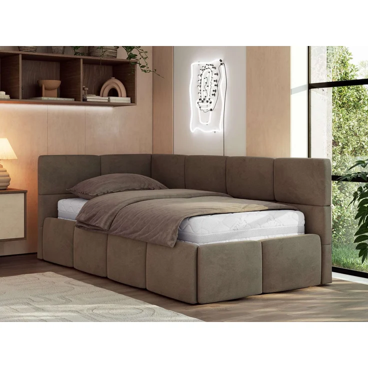 Jugendbett 90x200 ARVO Polsterbett mit Bettkasten, Stauraum & Gasdruckfeder, Modernes Design mit Kopfteil, Foam Matratze - Braun Velvet - MIRO LUX - Links Seite – Bild 1