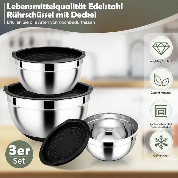 PFCTART Rührschüssel Schüssel Set mit Deckel - Salatschüssel & Edelstahl Schüssel, Edelstahl (Schüsseln), Kunststoff (Deckel), (Rostfrei, leicht zu reinigen - Vielseitig für Vorrat & Zubereitung, 3-tlg), stapelbar & rutschfest – 16/22/26 cm Schüssel Se...