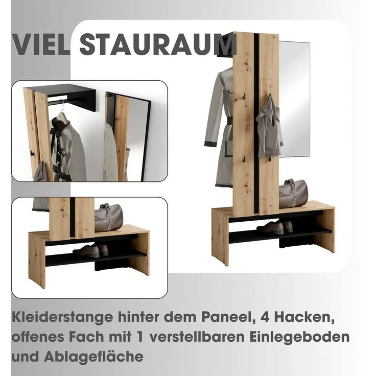 byLIVING Kompaktgarderobe Dielen - Set Nante (2-St) maximale Ordnung auf wenig Fläche mit Spiegel, Kleiderstange und Haken – Bild 3