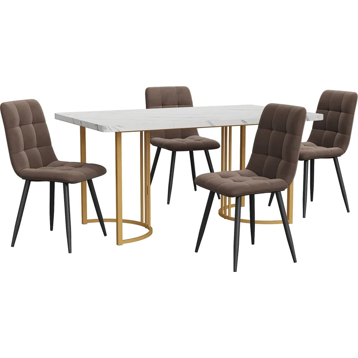 Essgruppe (5-tlg),Esstisch mit 4 Stühlen Set, Moderner Küchentisch Set , 140×80cm Küchentisch mit Golden Metallbeinen, MDF Tischplatte in Weißer,Braun Samt Esszimmerstühle--Weiß--96x69x18.5cm--YOUDENOVA – Bild 4