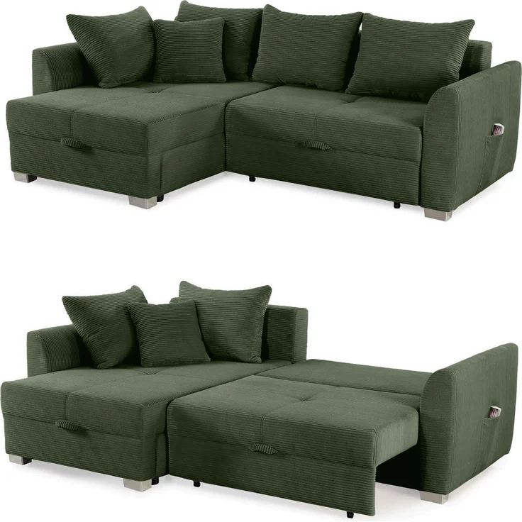 Ecksofa L-Form Couch Polsterecke ausziehbar Schlaffunktion Bettkasten Cord Grün – Bild 9