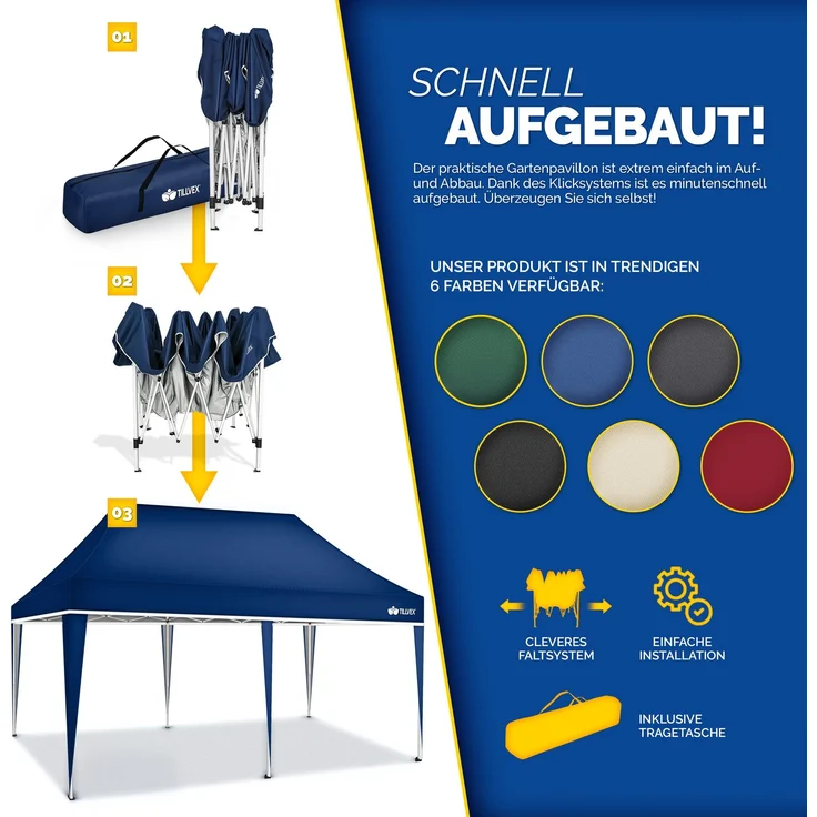 tillvex Pavillon 3x6m Blau wasserdicht | Pop-Up Faltpavillon höhenverstellbar | Gartenzelt UV Schutz 50+ | Partyzelt mit Tasche für Garten – Bild 8