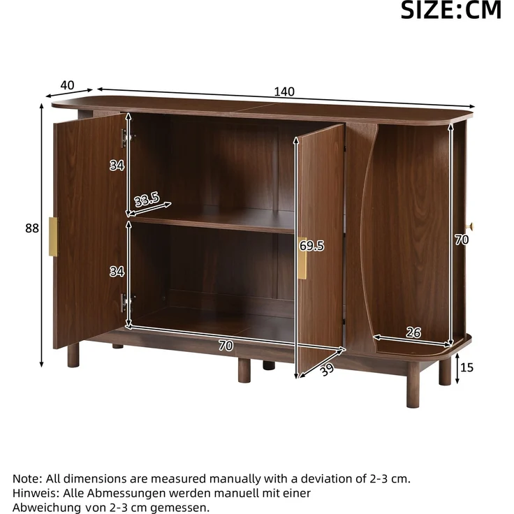 Merax Sideboard 140 x 40 x 88 cm aus MDF, Kommode mit geschwungenen Kanten, 2 Schiebetüren, Stauraumschrank, Walnuss – Bild 4
