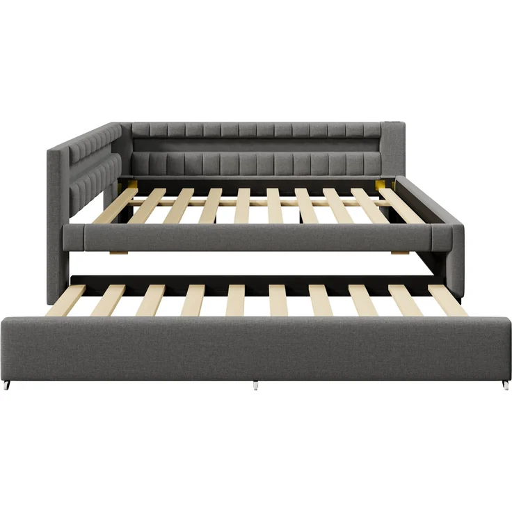 Daybett 140x200 cm Tagesbett Schlafsofa mit ausziehbarem Rollbett, LED-Fernbedienungslichtleiste, USB & Type-C Ladestation, Leinen, Grau – Bild 9
