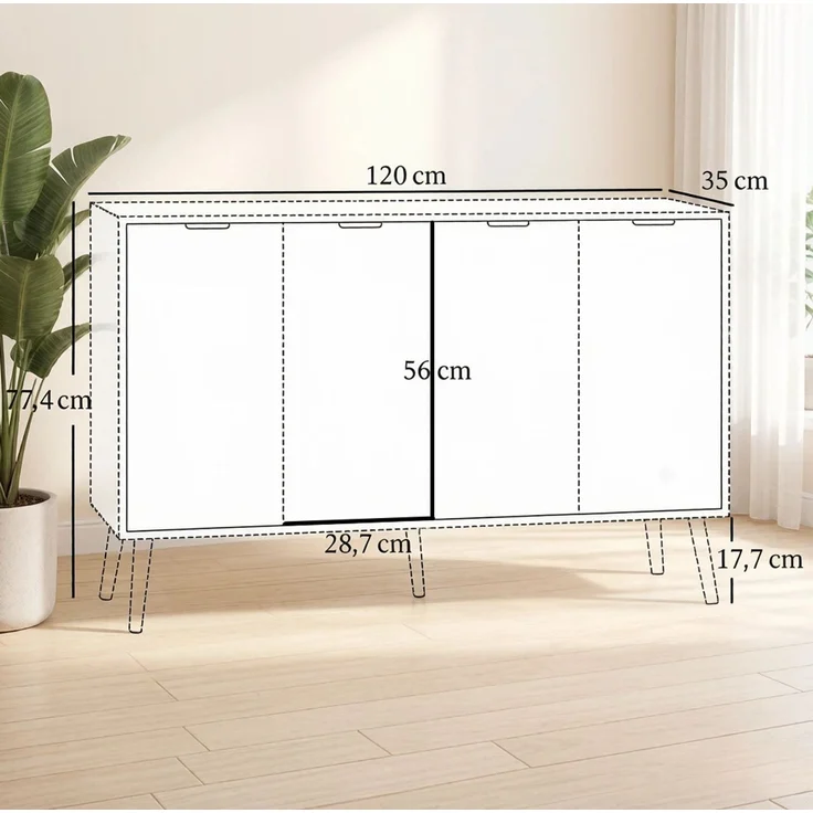 DESVIAE Sideboard Weiß aus Spanplatte – 120x77,4x35 cm – Schublade, verstellbare Einlegeböden – Bild 7