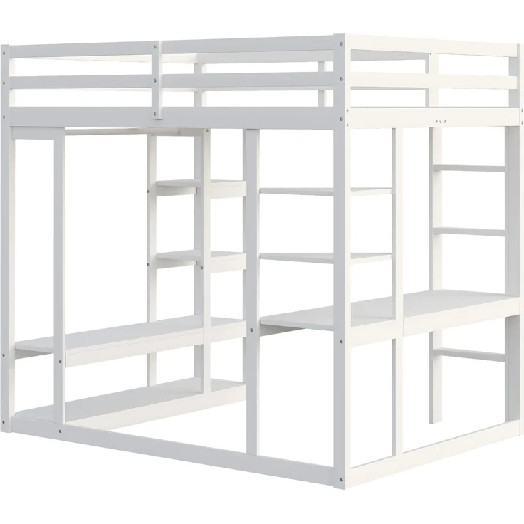 Hochbett 140x200 cm mit Schreibtisch und Stauraum,Kinder- & Jugendbett aus Massivholz,Leiter & Regale,Weiß – Bild 10