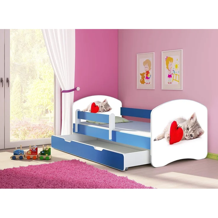 ACMA Kinderbett Jugendbett mit Einer Schublade und Matratze Blau mit Rausfallschutz Lattenrost II 140x70 160x80 180x80 (40 Katze mit Herz, 180x80 + Bettkasten) – Bild 2