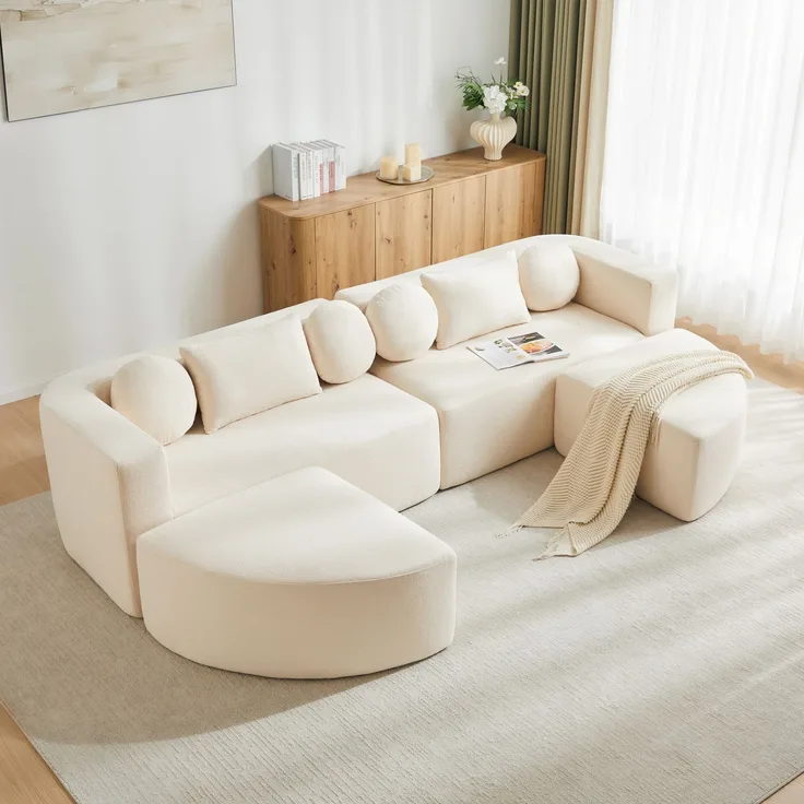 Merax 4-Sitzer Sofas, 292cm Modulare Sofa, Modulare Schlafcouch mit Schlaffunktion, Vollkomprimierte Cloud Couch, Chenille, Ohne Montage, Beige