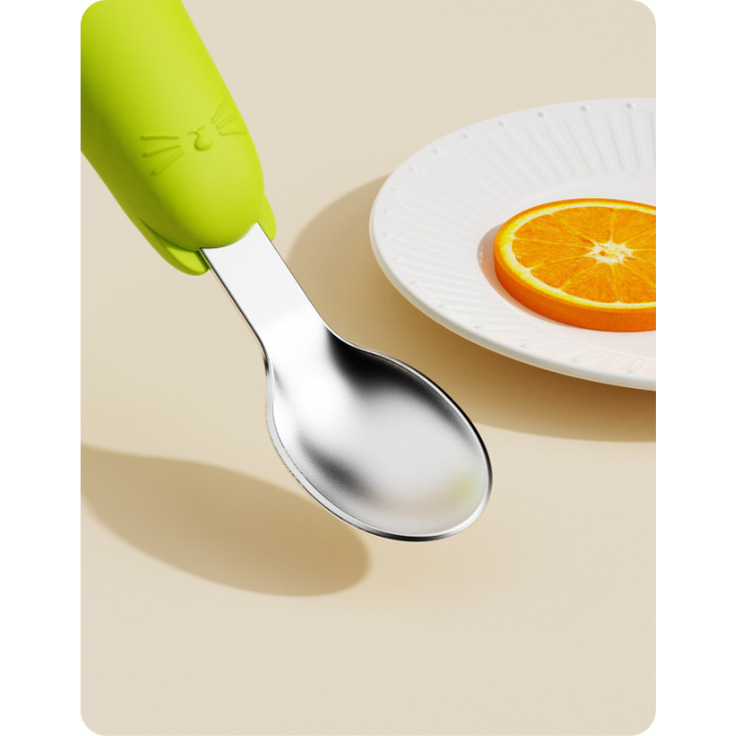 ABC 2-teiliges Edelstahl-Silikon-Löffelset für Kinder, Baby-Essgeschirr, Gabel und Löffel mit kurzem Griff für selbstständiges Essen – zweifarbig grün + gelb – Bild 5