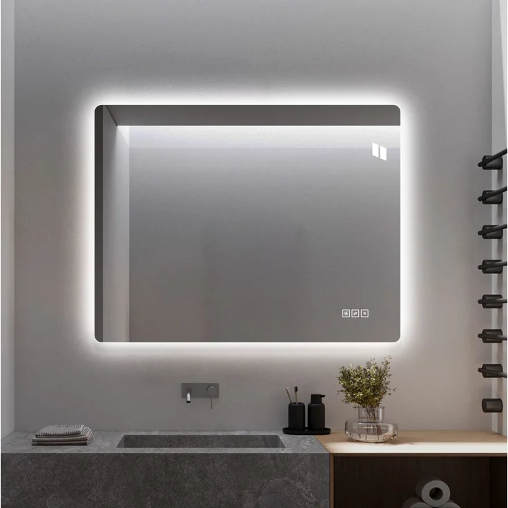 Badspiegel aus Glas mit LED-Beleuchtung, dimmbar und beschlagfrei, 60x80 cm, Silber – Bild 4