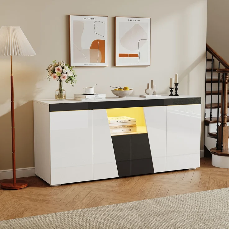 Merax 140 cm Sideboard, Großer Aufbewahrungsschrank mit 3 Schränken und 4 Türen, Abgewinkeltes Design + Schwarz-Weiß-Farbblockierung, Moderne Kommode mit LED-Lichtleiste – Bild 1