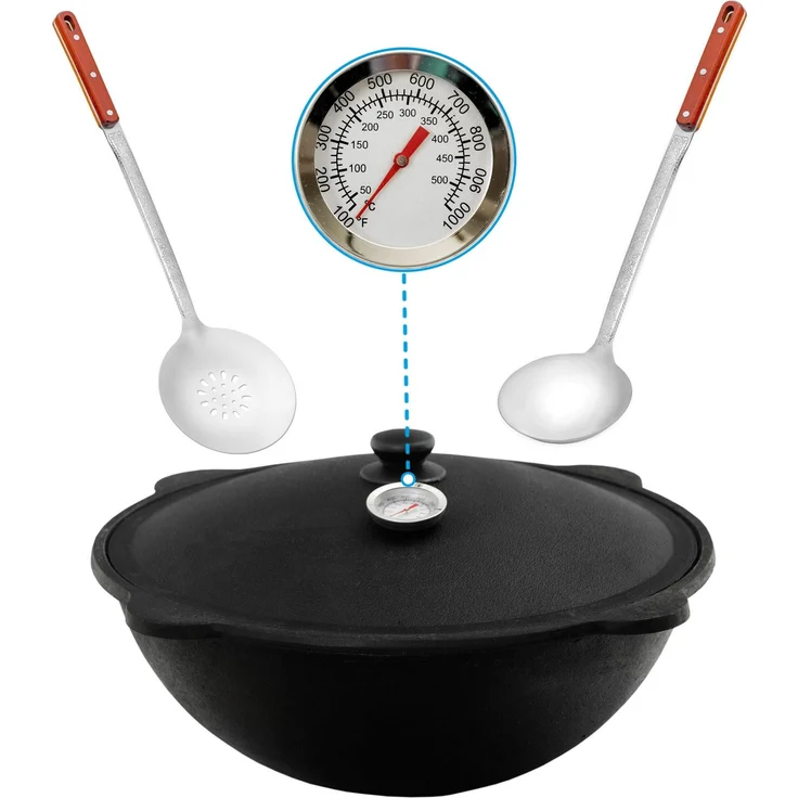 Gusseisen Kasan 12L rund NAMANGAN Alum. Deckel inkl. Schaumkelle, Schöpflöffel und Thermometer – Bild 1