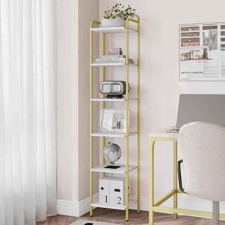 Bücherregal, Regal, Standregal, Schmales Bücherregal, Industrielles Eckregal, Schlankes Regal für Heimbüro, Wohnzimmer, Schlafzimmer, Küche, 6 Ebenen Weiß-Gold – Bild 3