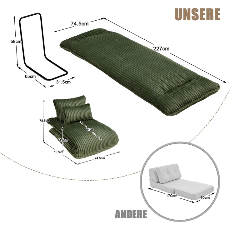 LVHOM Schlafsessel mit Bettfunktion, 227 cm Klappsessel Bodensessel mit Stahlrahmen, klappbarer Relaxsessel inkl. 2 Kissen, bis 150 kg belastbar, Cord Grün – Bild 6