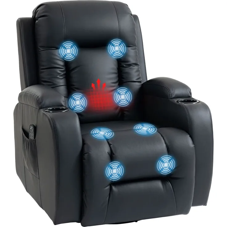 Massage- und Heizsessel mit Liegefunktion, 8 Massagepunkte und 3 Modi mit Fernbedienung, PU-Leder, Schwarz