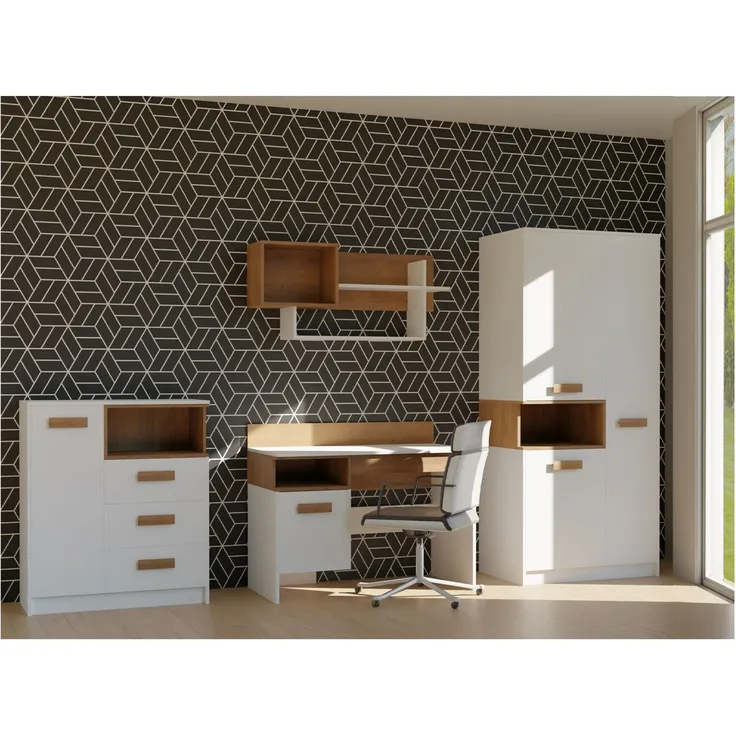 Marmex Möbel Grant Set-R Jugendzimmer-Set 4-teilig mit Kleiderschrank mit Kleiderstange, Schreibtisch, Kommode und Wandregal, Kinderzimmer Komplett Set mit Schreibtisch, laminierte Spanplatte, weiß+riviera Eiche, 286x195x55 cm