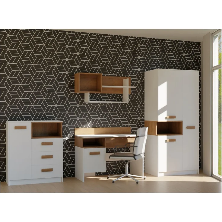 Marmex Möbel Grant Set-R Jugendzimmer-Set 4-teilig mit Kleiderschrank mit Kleiderstange, Schreibtisch, Kommode und Wandregal, Kinderzimmer Komplett Set mit Schreibtisch, laminierte Spanplatte, weiß+riviera Eiche, 286x195x55 cm – Bild 1