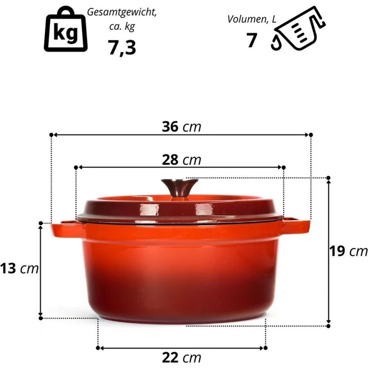 BIG-PAN Kochtopf Emaillierter Gusseisen Topf mit Deckel Ø28 cm 7L Bräter Dutch Oven, Gusseisen (Induktionsgeeignet Backofenfest, Kasserolle Brotbacktopf Cocotte) – Bild 2