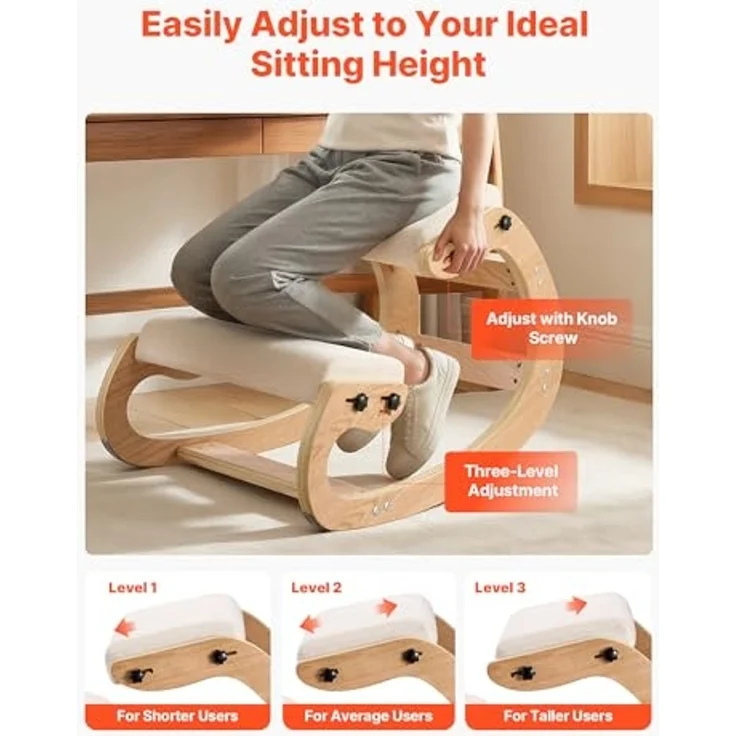 VEVOR Ergonomischer Kniehocker mit Dicken, Integrierten Schaumstoffpolstern & Massivholzrahmen, Höheneinstellbarer Kniestuhl zur Entlastung von Nacken und Rücken, Ideal für Zuhause, Büro, Beige – Bild 6