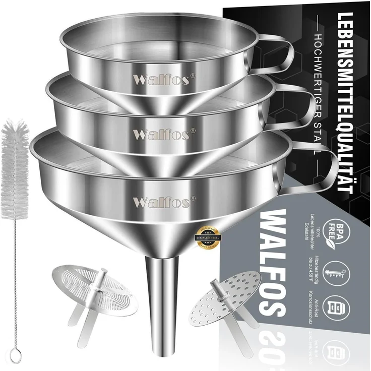 Walfos Edelstahl Trichter Set 3er Pack mit 2 Siebfiler & Reinigungsbürste – Bild 1