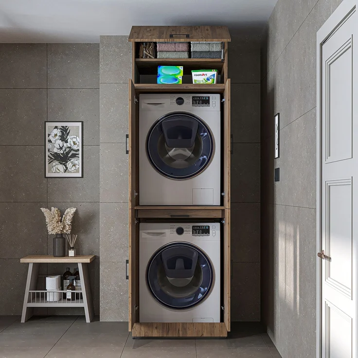 Roomart Waschmaschinenschrank DORA-I- Waschmaschinen- & Trocknerschrank mit Türen & Ausziehbrett – Waschküchenschrank für Waschmaschine & Trockner • Eiche – Bild 3