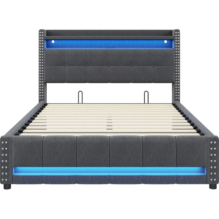 Polsterbett 140×200 cm mit Bettkasten, LED-Beleuchtung und USB-Anschluss, Grau – Bild 10