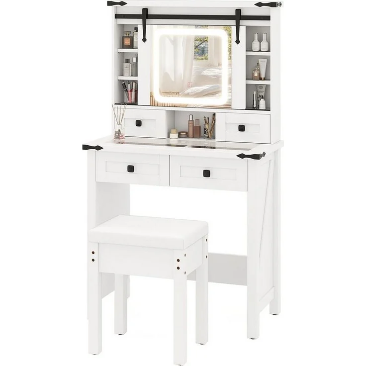 COSTWAY Schminktisch (1-St), mit LED-Beleuchtung, 4 Schubladen, Hocker – Bild 5