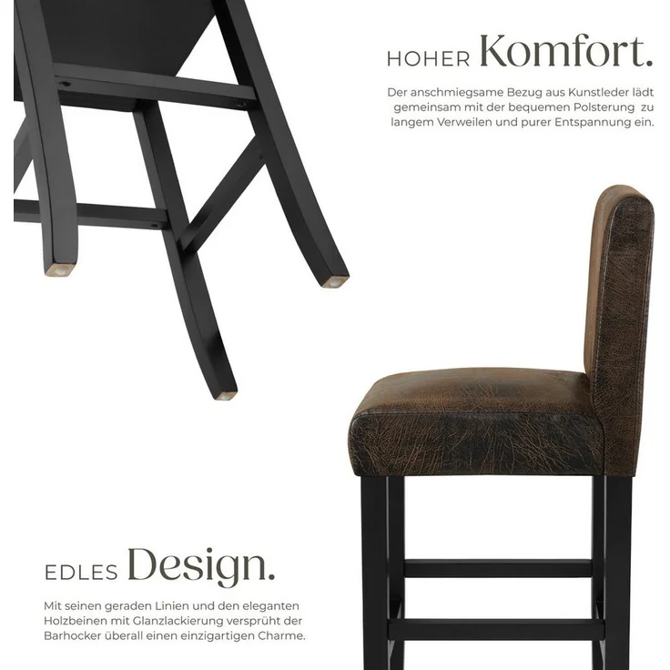 tectake Barhocker Barstuhl aus Kunstleder, gepolstert mit Rückenlehne, Stuhlbeine aus Massivholz, Sitzhöhe 76 cm – Bild 2