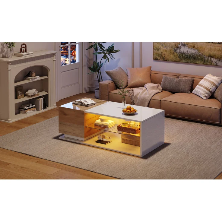 HAUSS SPOLE Couchtisch Hochglanz Couchtisch mit LED-Lichtleiste, Kaffeetisch mit Stauraum – Bild 5
