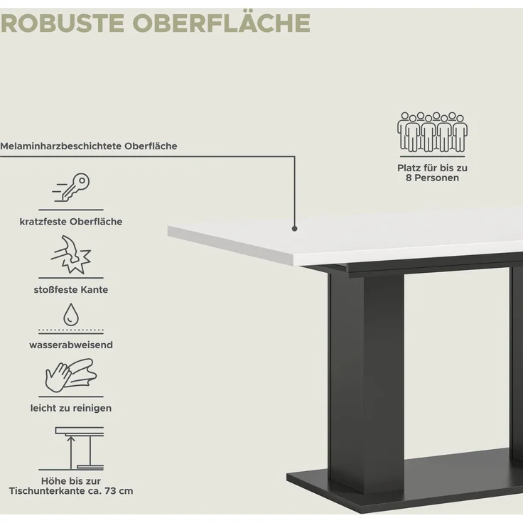 Ausziehbarer Esstisch (B/H/T): 150-190x76x80 in weiß Nachbildung und grau Nachbildung mit Doppelsäulen-Fußgestell – Bild 8