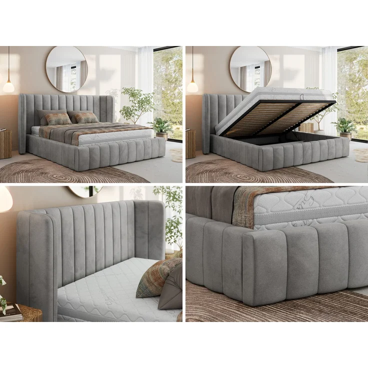 Polsterbett GOLETTA CLASSIC 200 x 200 cm mit gepolstertem Kopfteil, stabilem Bettrahmen, Lattenrost und Bettkasten mit Gasdruckfedern, Doppelbett, zeitloses Design - Hellgrau Velvet – Bild 2