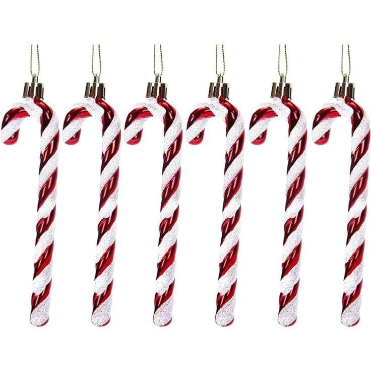 6er-Set – Zuckerstangen-Baumkugeln, glänzende Weihnachtsdeko aus Kunststoff (Rot) – Bild 3