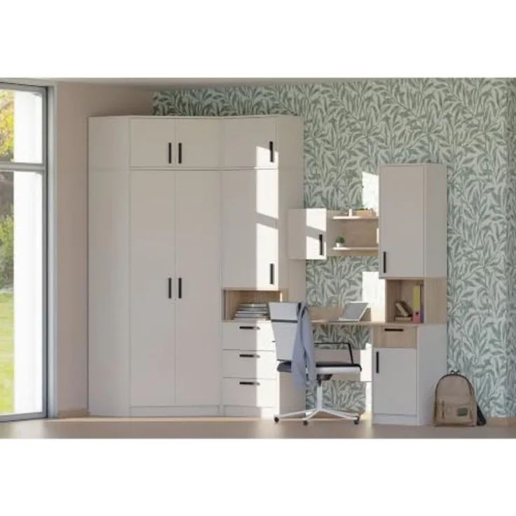 Marmex Möbel Grant Set-26C Hohe Möbelset mit Eckschrank, Schrank mit Aufsatz und Schreibtisch, Jugendzimmer Set mit Eckschrank, laminierte Spanplatte, graubeige cashmere+cremona torro, 268/91x235x52,5cm