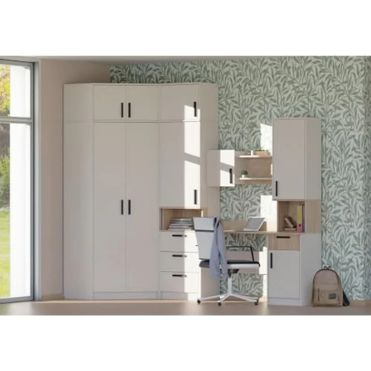 Marmex Möbel Grant Set-26C Hohe Möbelset mit Eckschrank, Schrank mit Aufsatz und Schreibtisch, Jugendzimmer Set mit Eckschrank, laminierte Spanplatte, graubeige cashmere+cremona torro, 268/91x235x52,5cm – Bild 1