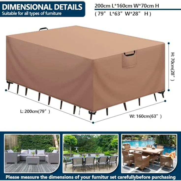 Aujink Abdeckung Gartenmöbel Winterfest, Wasserdichte Schutzhülle Gartenmöbel 420D Oxford Anti-UV Abdeckplane für Gartentische Terrassenmöbel Regenschutz und Staubfest Abdeckhaube Khaki 200 x 160 x 70 cm – Bild 3